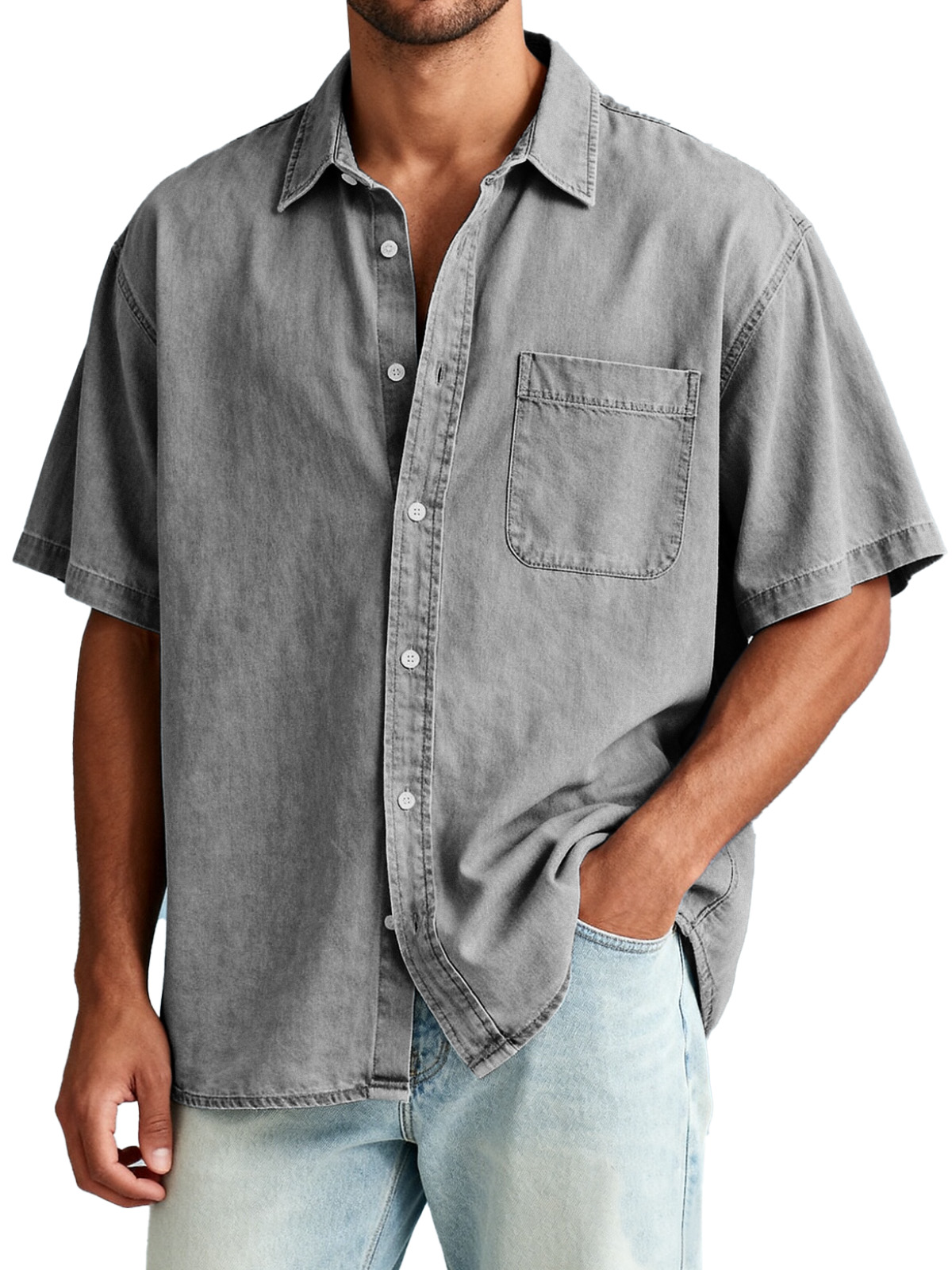Men's American Retro Solid Color Short Sleeve Shirt with Pocket