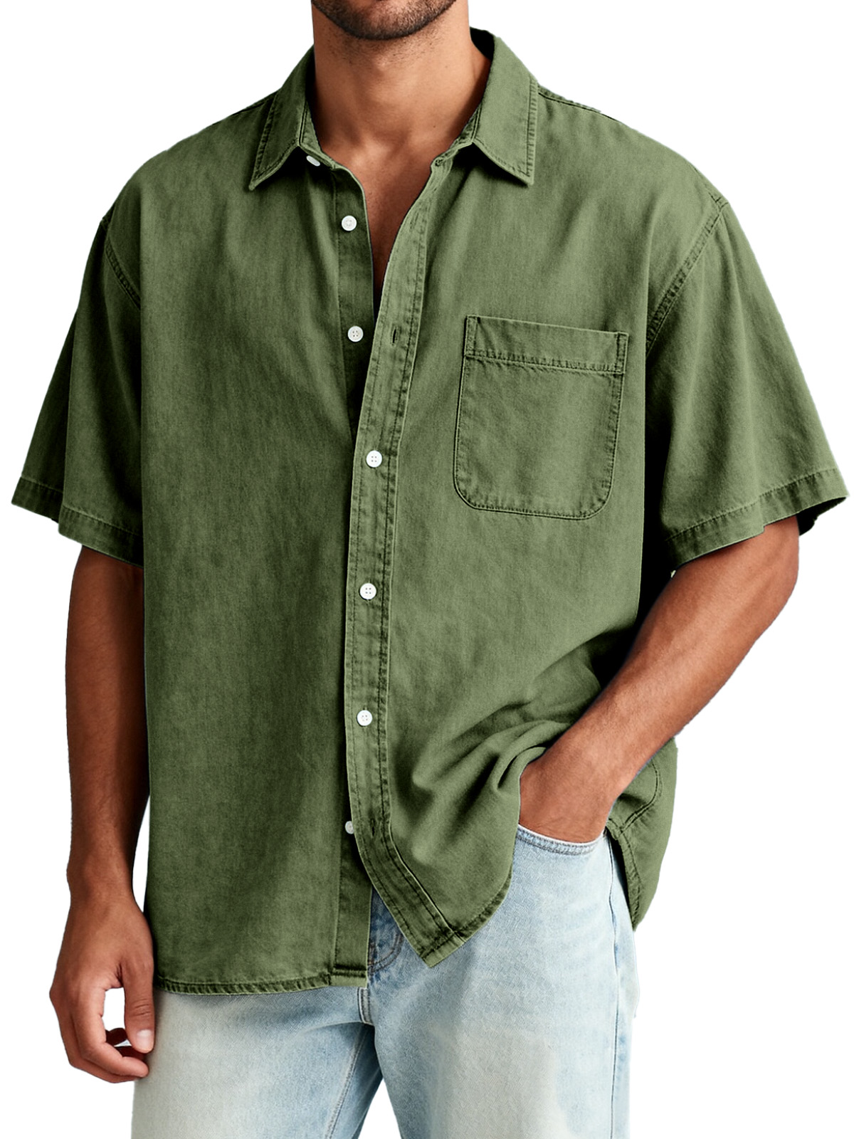 Men's American Retro Solid Color Short Sleeve Shirt with Pocket