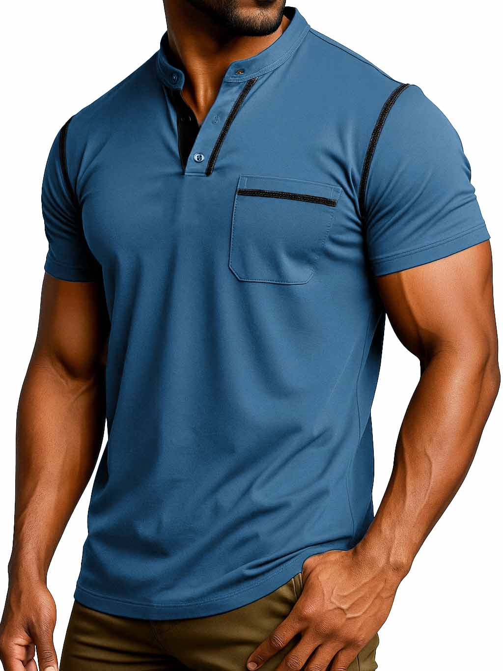 Men's Fashion Retro Outdoor Pure Cotton Patchwork Pocket Short-sleeved Henley Shirt