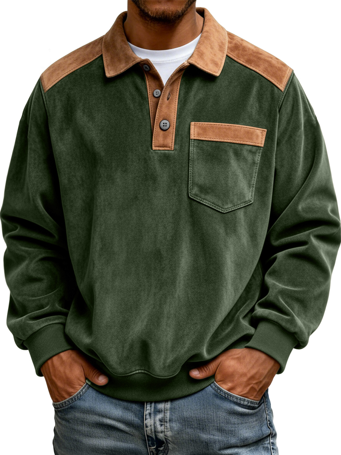 Men's Retro Color Block Suede Casual Pocket Polo Shirt