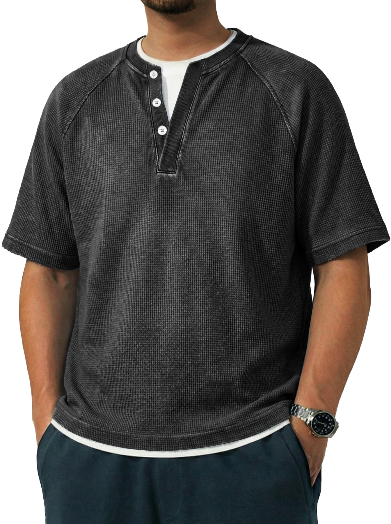 Men's Vintage Raglan Sleeve Pocket Casual Henley Shirt