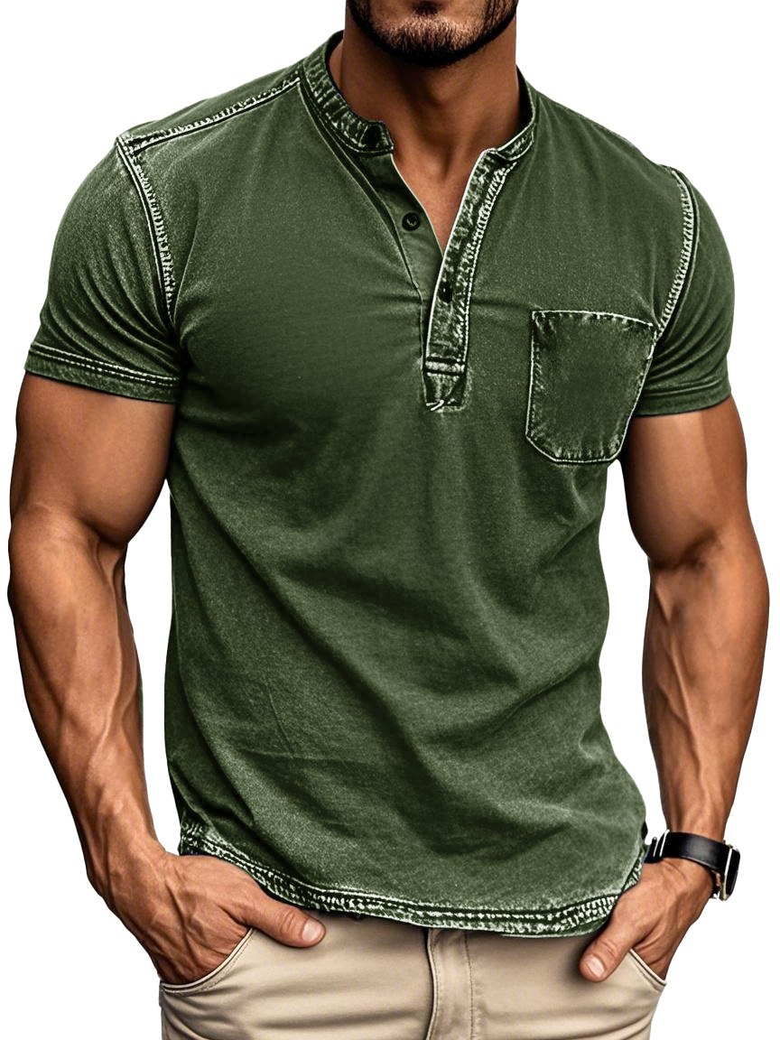 Men's Vintage Outdoor Distressed Short Sleeve Pocket Henley Shirt 
