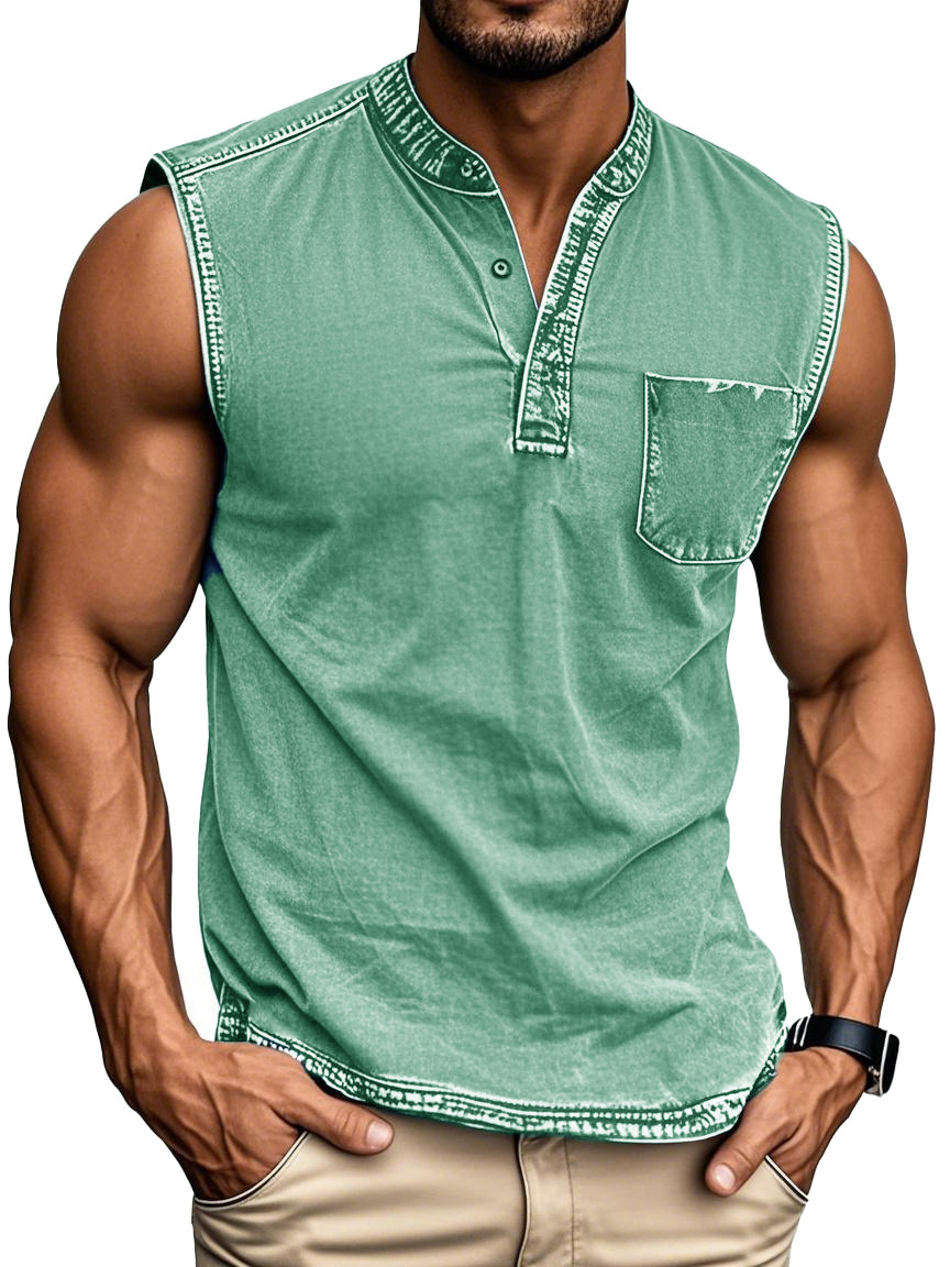 Men's Fashion Retro Distressed Stand-up Collar Pocket Sleeveless Henley Shirt