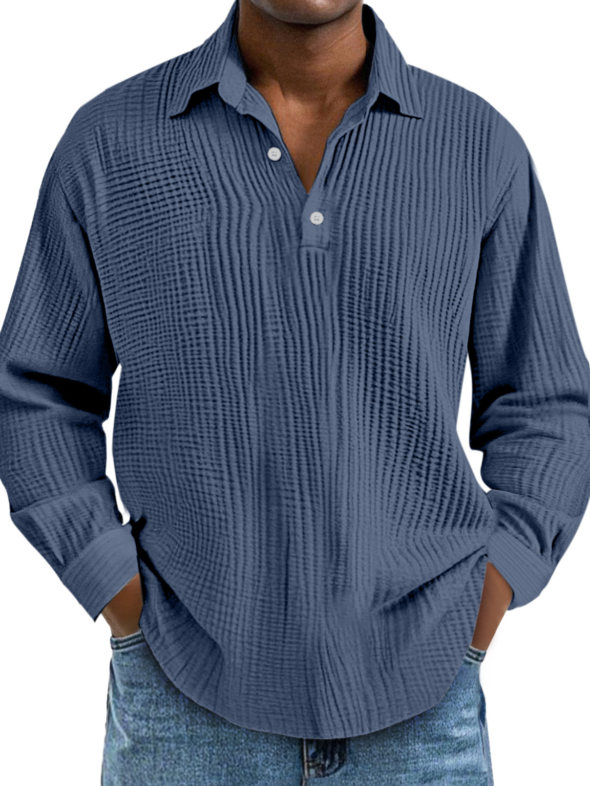 Men's Casual Daily Solid Color Pleated Texture Long-sleeved Lapel Polo Shirt