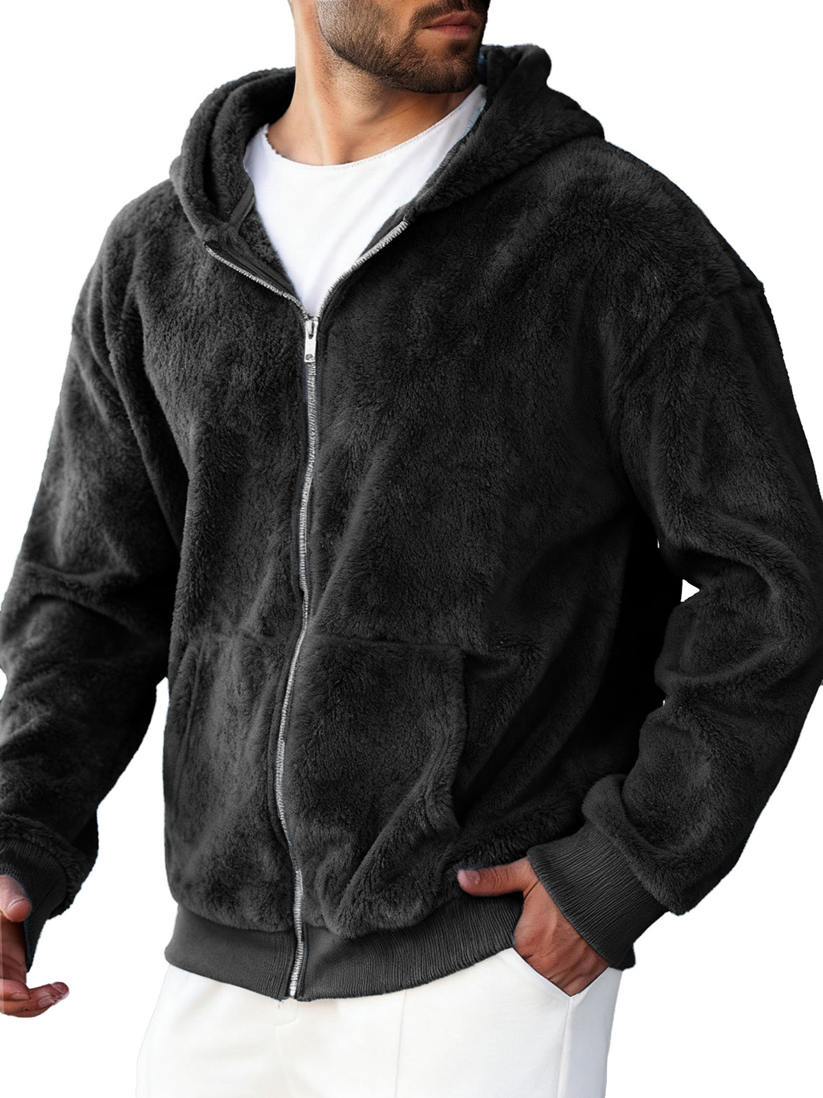 Men's Clothing Fashionable Retro Coral Velvet Fabric Hooded Cardigan Hooded Sweater Coat 