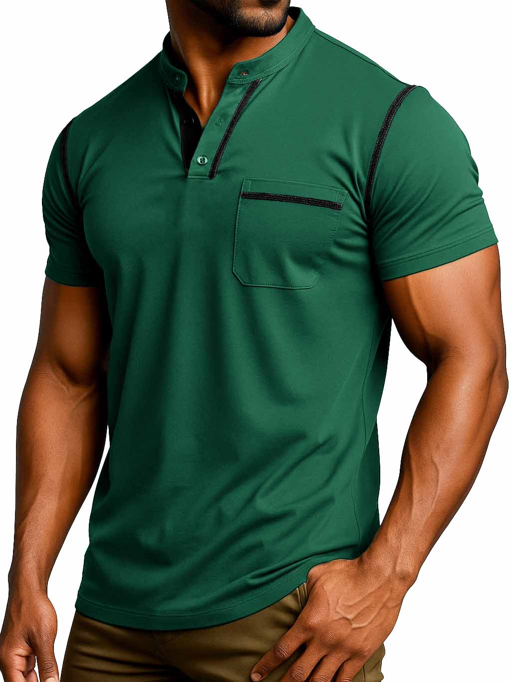 Men's Fashion Retro Outdoor Pure Cotton Patchwork Pocket Short-sleeved Henley Shirt