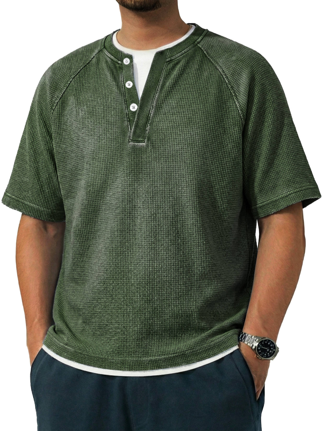Men's Vintage Raglan Sleeve Pocket Casual Henley Shirt