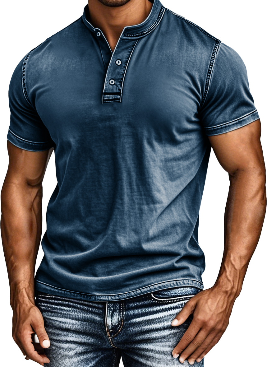 Men's Fashion Retro Distressed Lapel Short-sleeved Henley Shirt