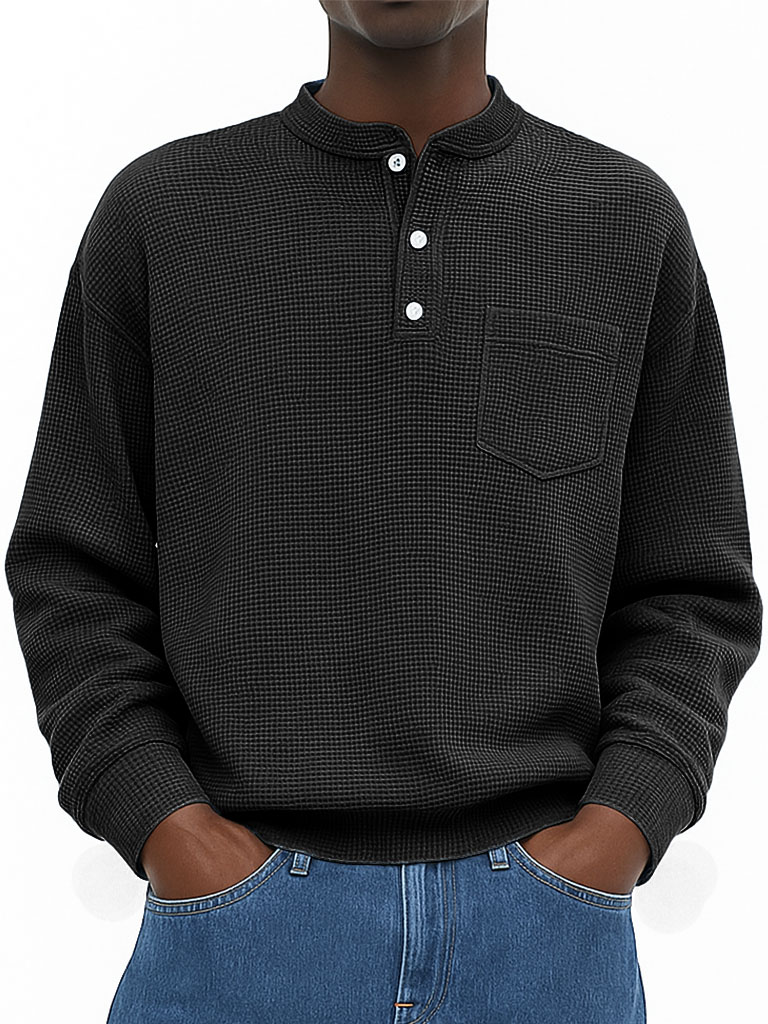 Men's Wear Fashionable Casual Waffle Fabric Pockets Long-sleeved Henry Shirt
