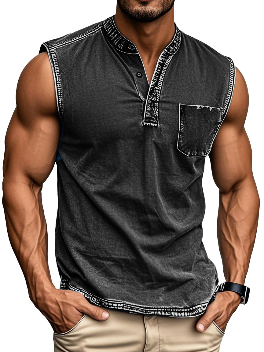 Men's Fashion Retro Distressed Stand-up Collar Pocket Sleeveless Henley Shirt