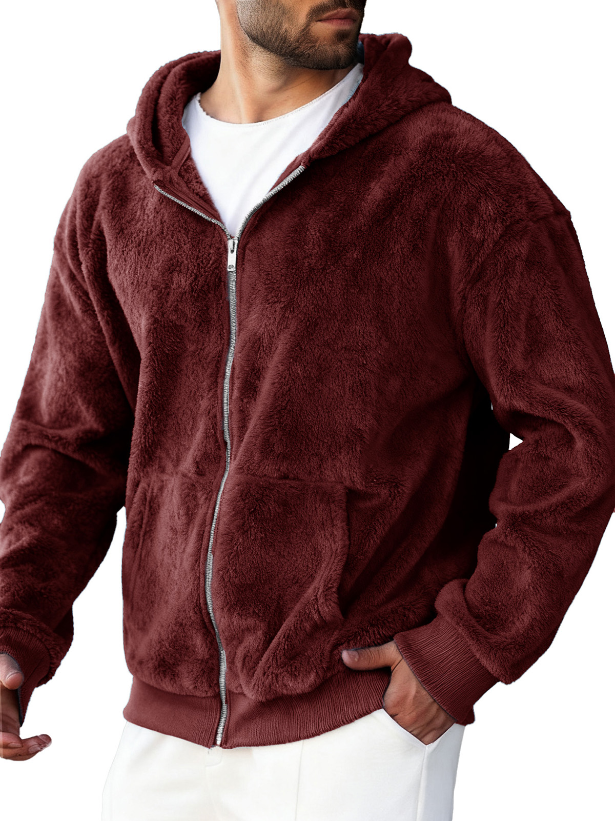 Men's Clothing Fashionable Retro Coral Velvet Fabric Hooded Cardigan Hooded Sweater Coat 