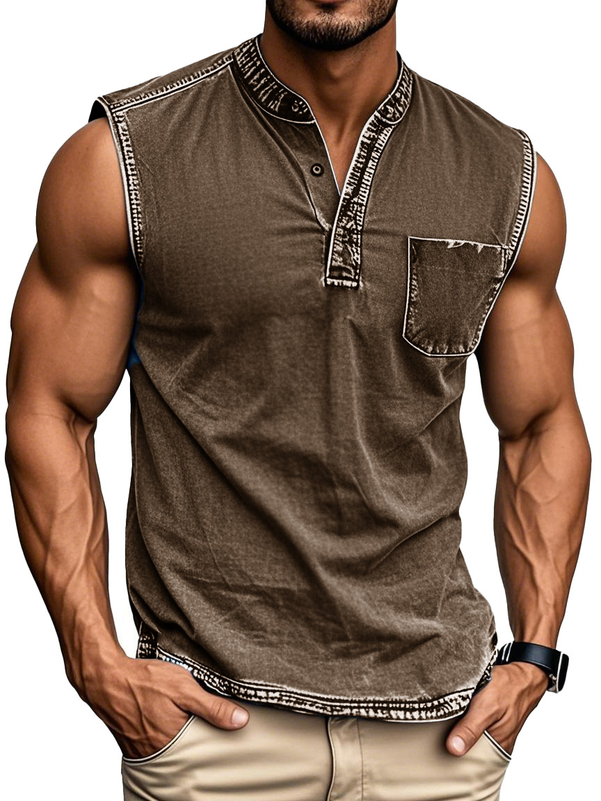 Men's Fashion Retro Distressed Stand-up Collar Pocket Sleeveless Henley Shirt