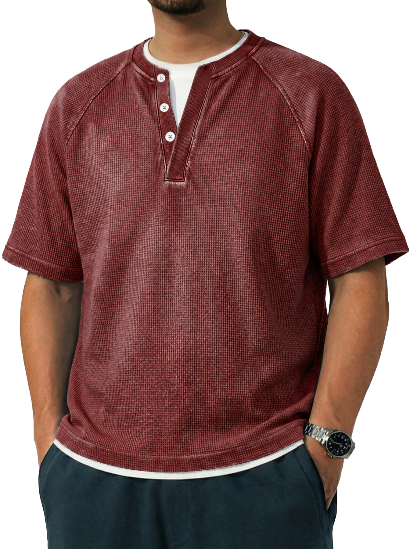 Men's Vintage Raglan Sleeve Pocket Casual Henley Shirt