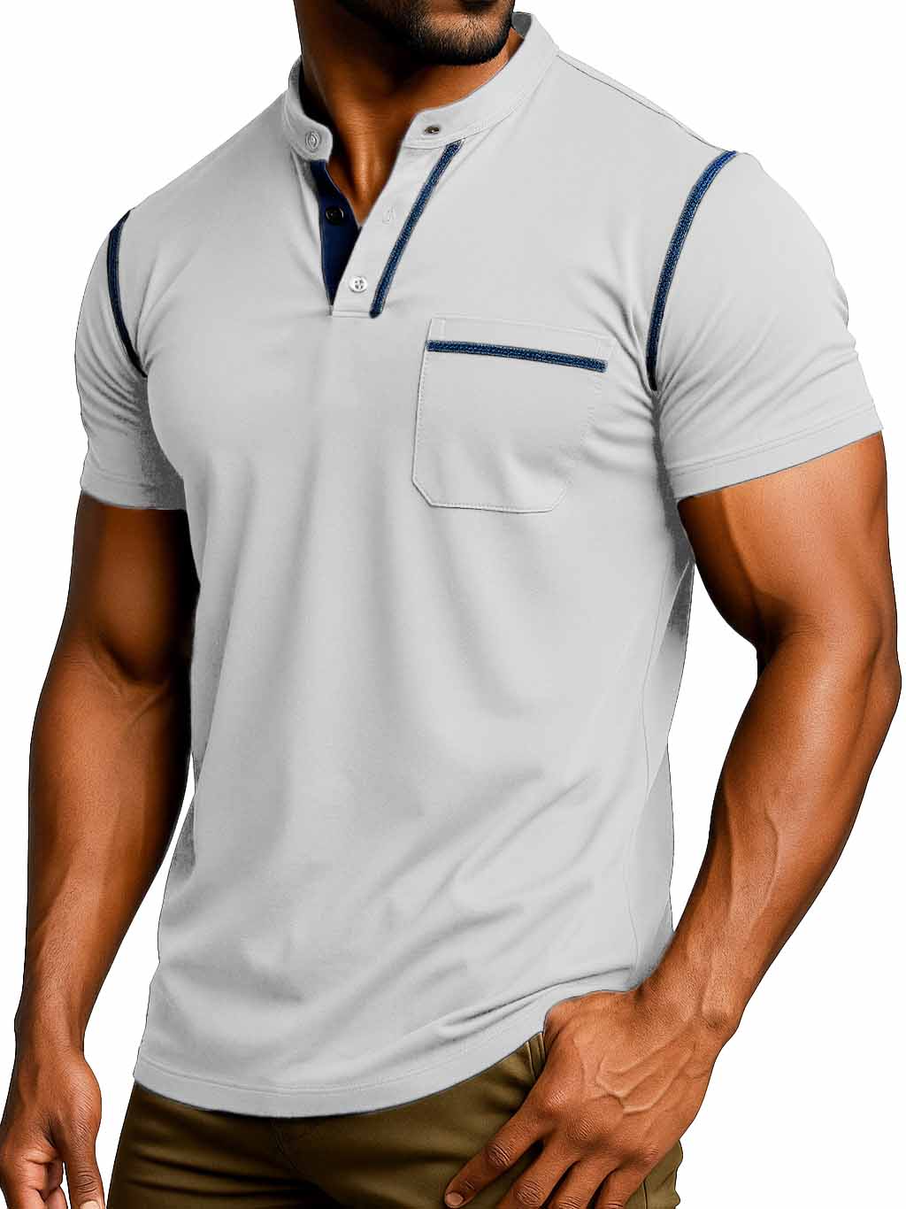 Men's Fashion Retro Outdoor Pure Cotton Patchwork Pocket Short-sleeved Henley Shirt