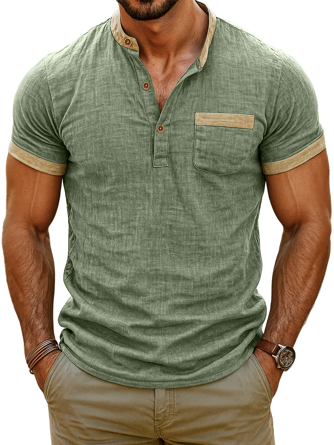 Men's Retro Stand Collar Colorblock Casual Short Sleeve Henley Shirt