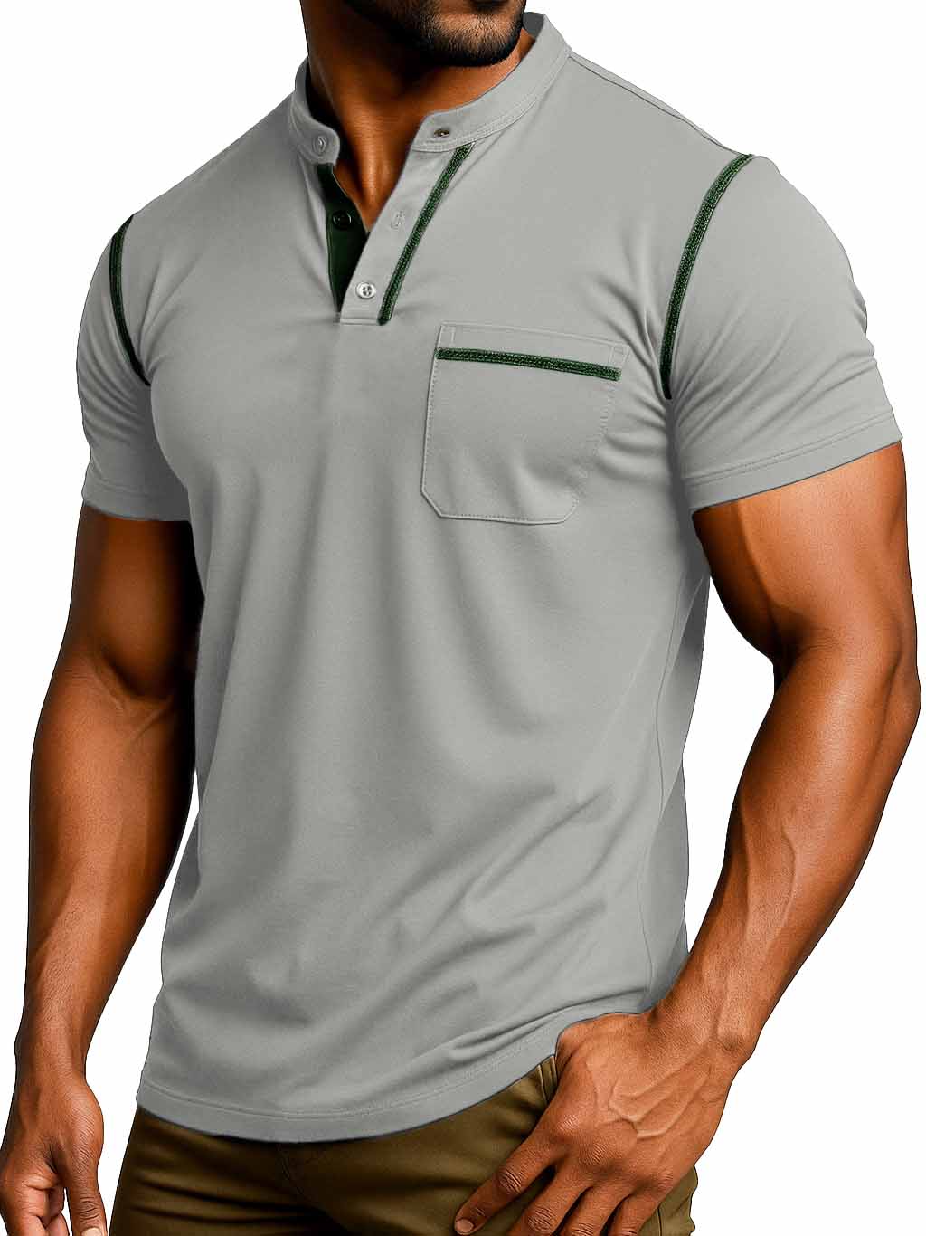 Men's Fashion Retro Outdoor Pure Cotton Patchwork Pocket Short-sleeved Henley Shirt