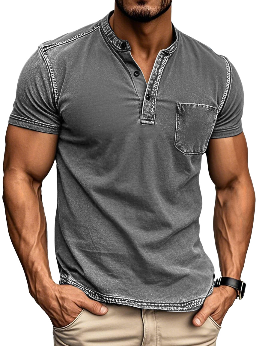 Men's Fashion Retro Distressed Short-sleeved Henley Shirt 