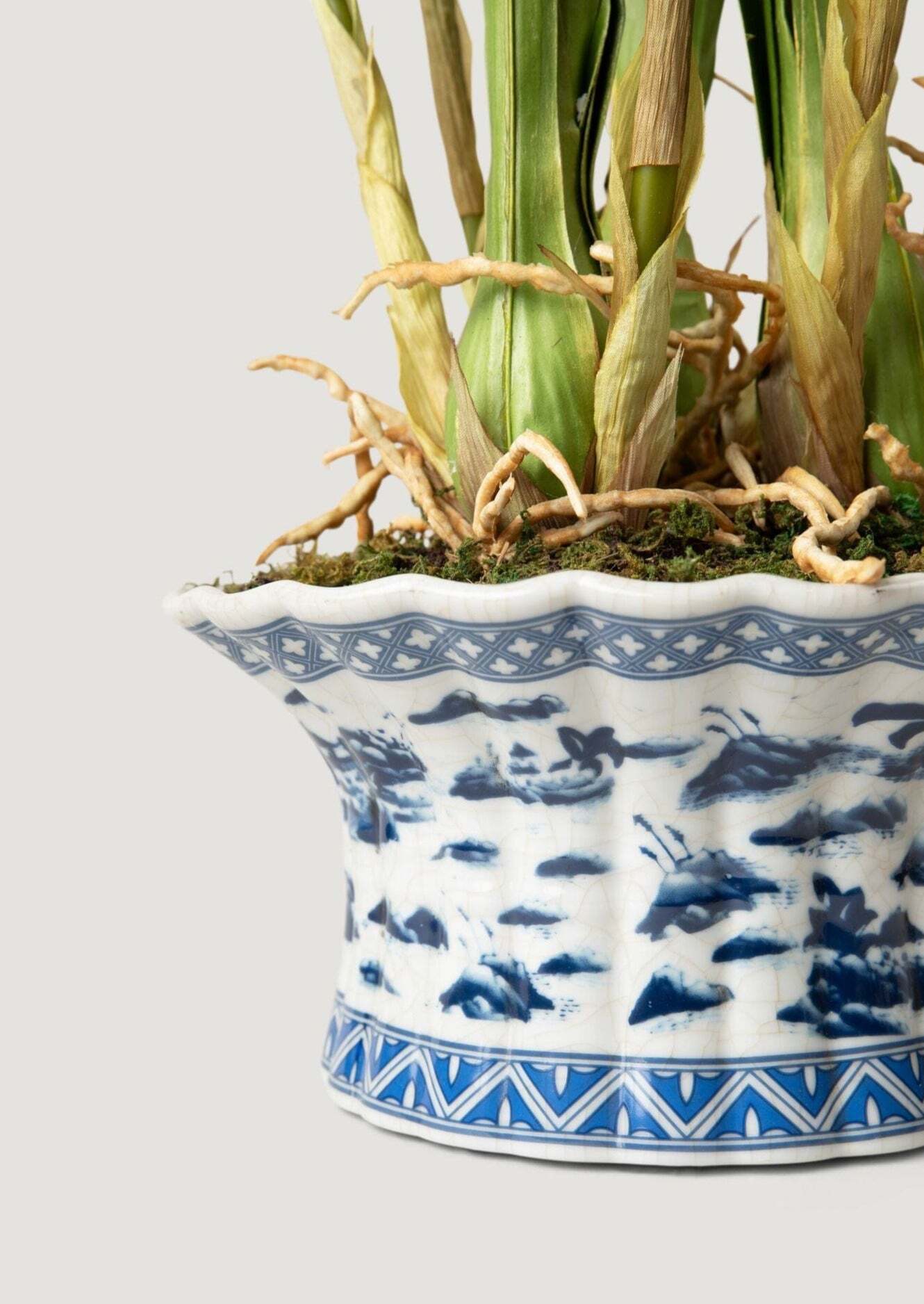 White Faux Orchid Arrangement in Blue Ceramic Pot - 27