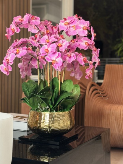 Light Pink Phalaenopsis Orchids Floral Arrangement in Medium Gold Planter