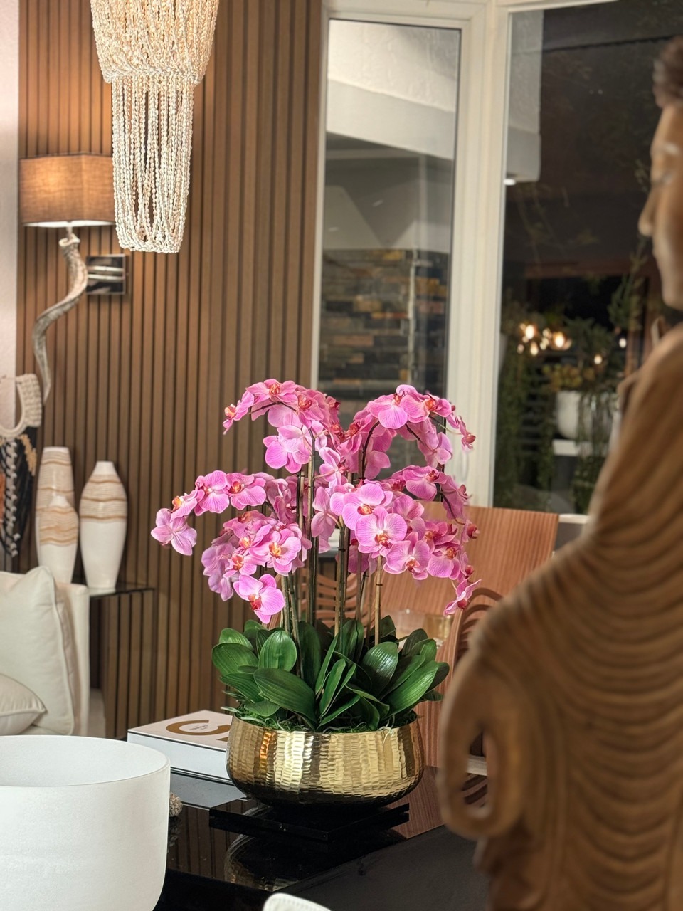 Light Pink Phalaenopsis Orchids Floral Arrangement in Medium Gold Planter