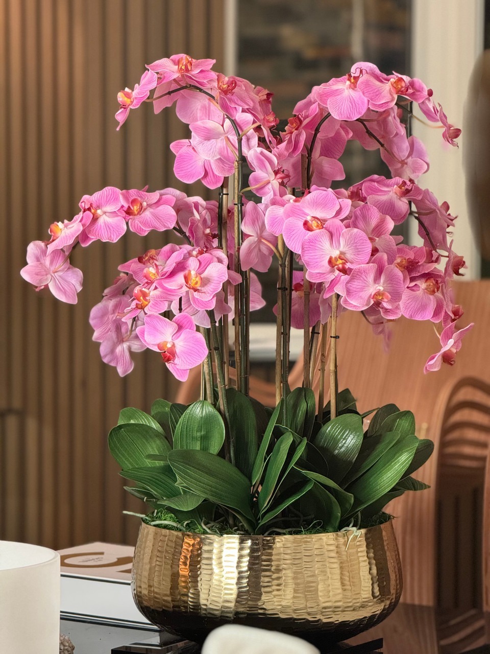 Light Pink Phalaenopsis Orchids Floral Arrangement in Medium Gold Planter
