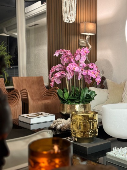 Light Pink Phalaenopsis Orchids Floral Arrangement in Medium Gold Planter
