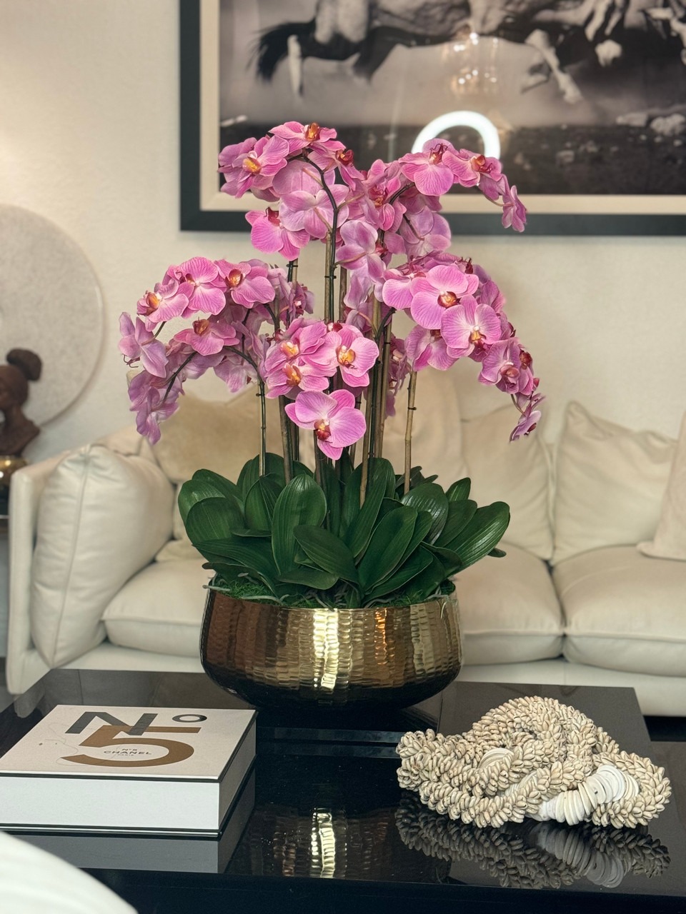 Light Pink Phalaenopsis Orchids Floral Arrangement in Medium Gold Planter