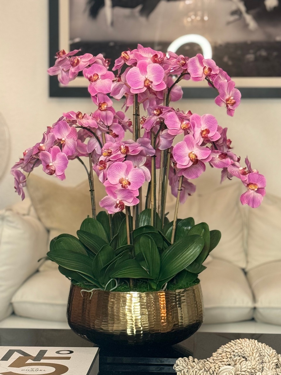 Light Pink Phalaenopsis Orchids Floral Arrangement in Medium Gold Planter