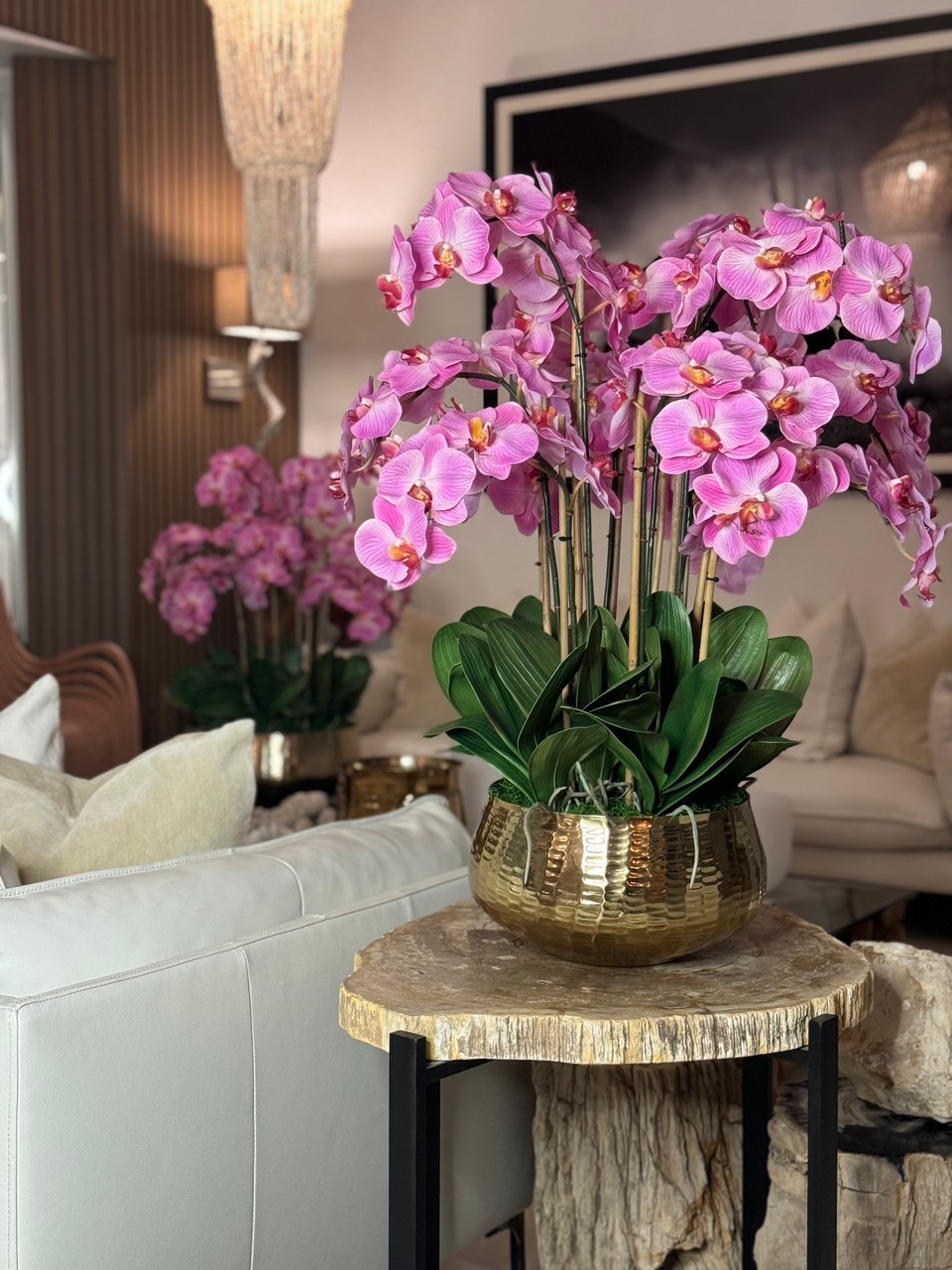 Light Pink Phalaenopsis Orchids Floral Arrangement in Medium Gold Planter