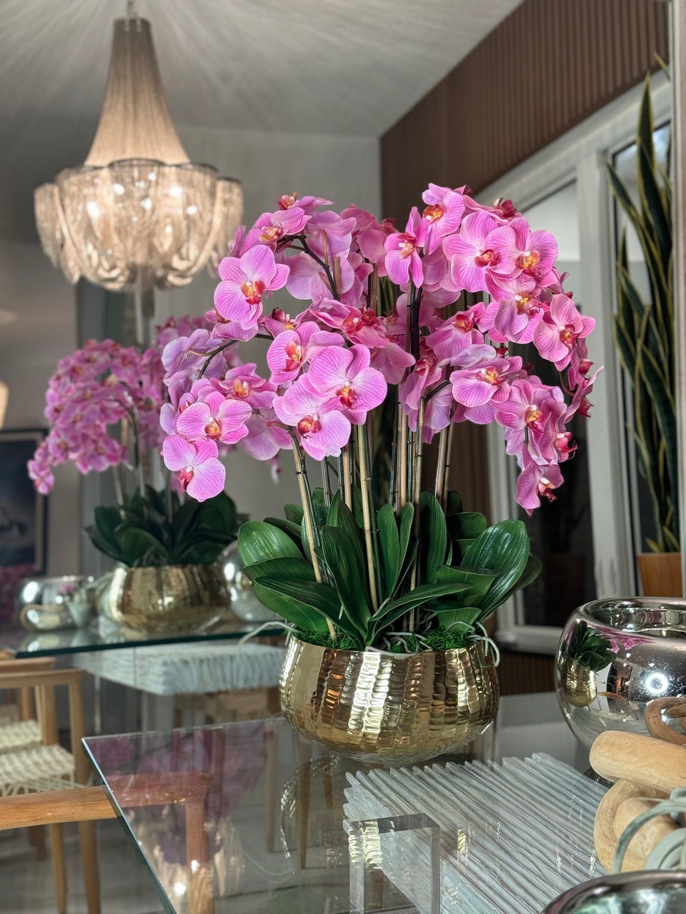 Light Pink Phalaenopsis Orchids Floral Arrangement in Medium Gold Planter