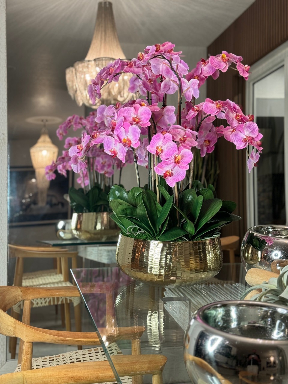 Light Pink Phalaenopsis Orchids Floral Arrangement in Medium Gold Planter