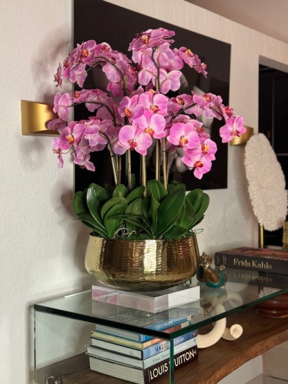 Light Pink Phalaenopsis Orchids Floral Arrangement in Medium Gold Planter