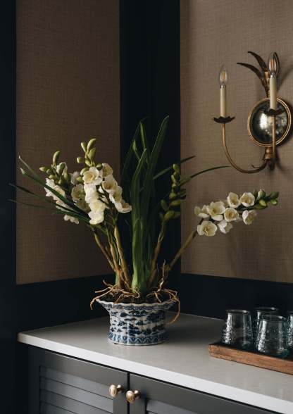 White Faux Orchid Arrangement in Blue Ceramic Pot - 27