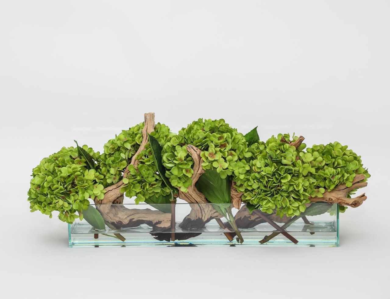Casa Moderna Glass Plate Planter with Hydrangeas and Driftwood
