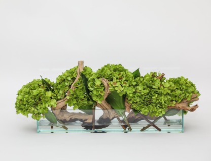 Casa Moderna Glass Plate Planter with Hydrangeas and Driftwood