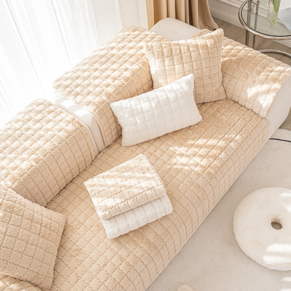 2024 plush thickened non-slip models, four-season universal-shaped sofa cushion, rabbit plush light luxury style