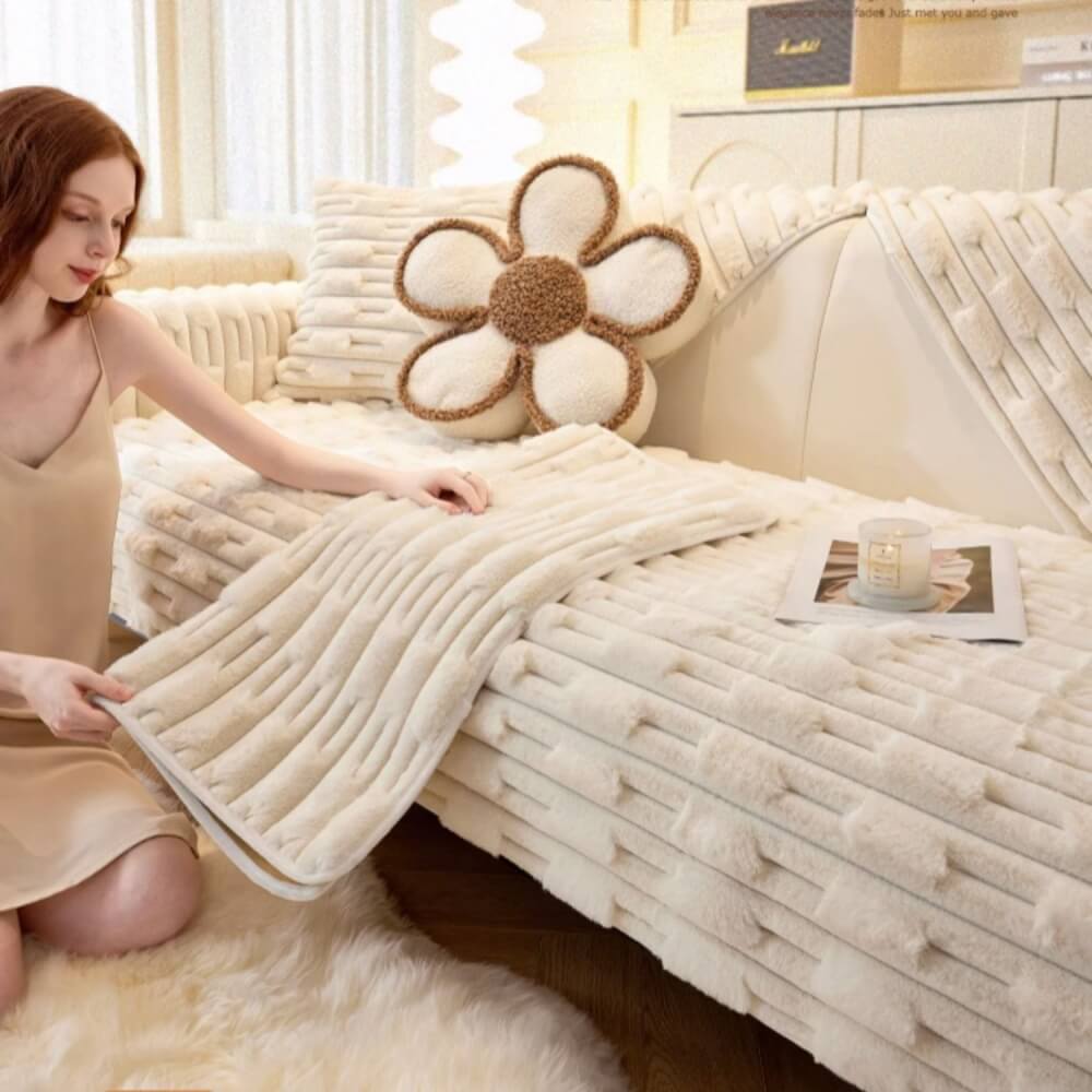 Rabbit velvet plush sofa cushion winter thickened warm sitting cushion non-slip leather sofa cover cover new style
