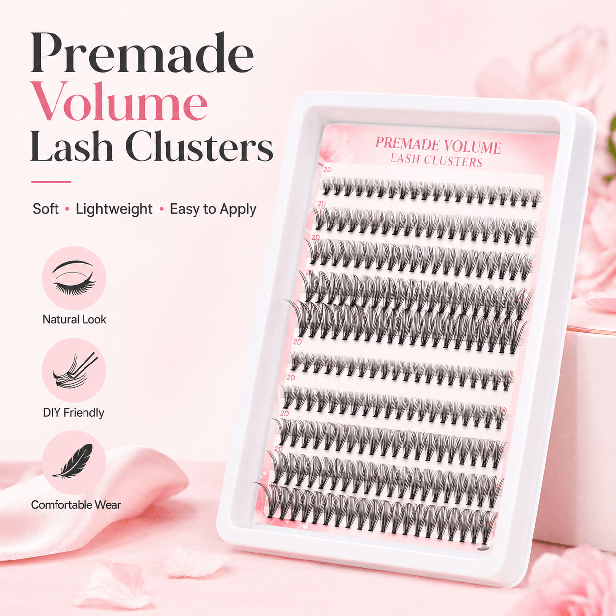 20P Self-Adhesive 2D Premade Lash Clusters, No Glue Needed