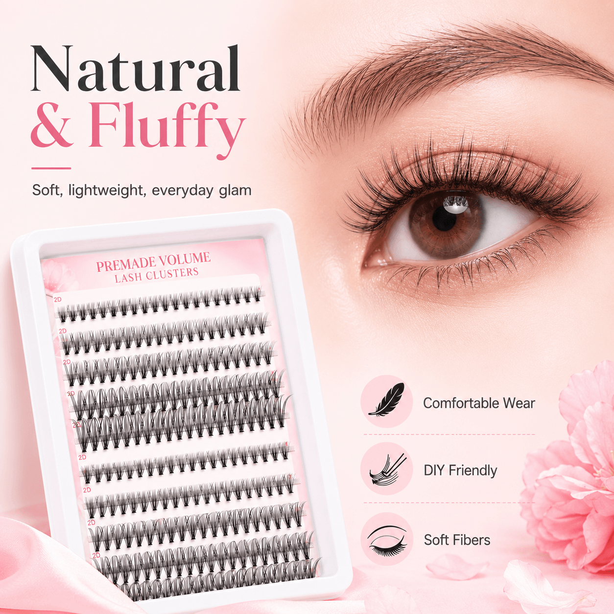 20P Self-Adhesive 2D Premade Lash Clusters, No Glue Needed