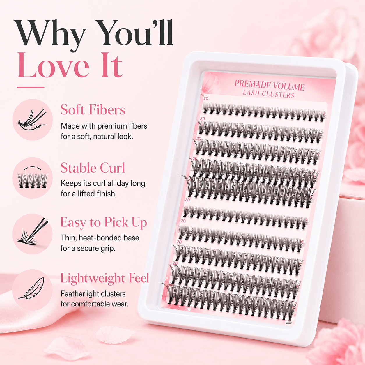 20P Self-Adhesive 2D Premade Lash Clusters, No Glue Needed