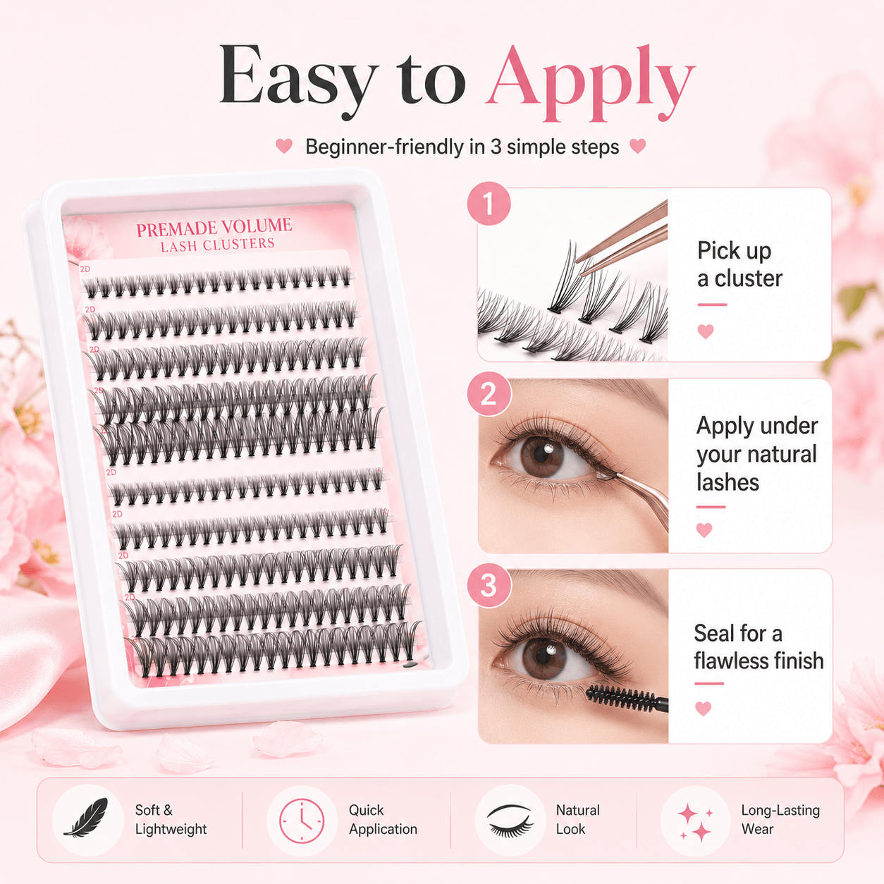 20P Self-Adhesive 2D Premade Lash Clusters, No Glue Needed