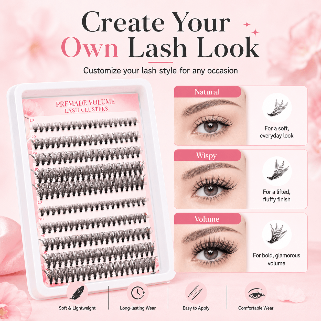 20P Self-Adhesive 2D Premade Lash Clusters, No Glue Needed