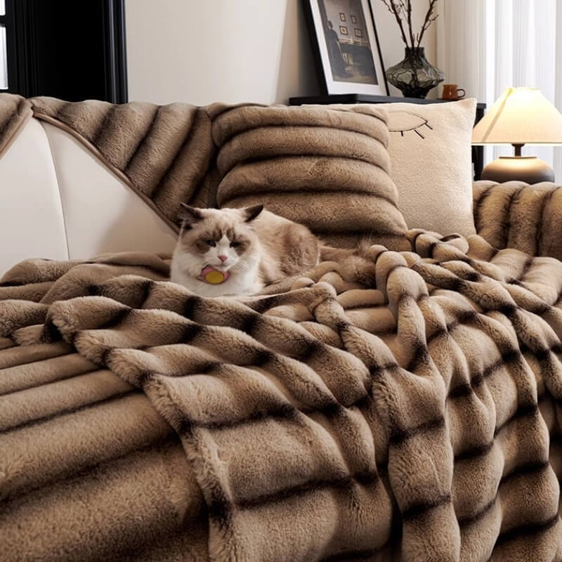 Striped Faux Rabbit Fur Sofa Cover – Durable & Stain-Resistant Protector