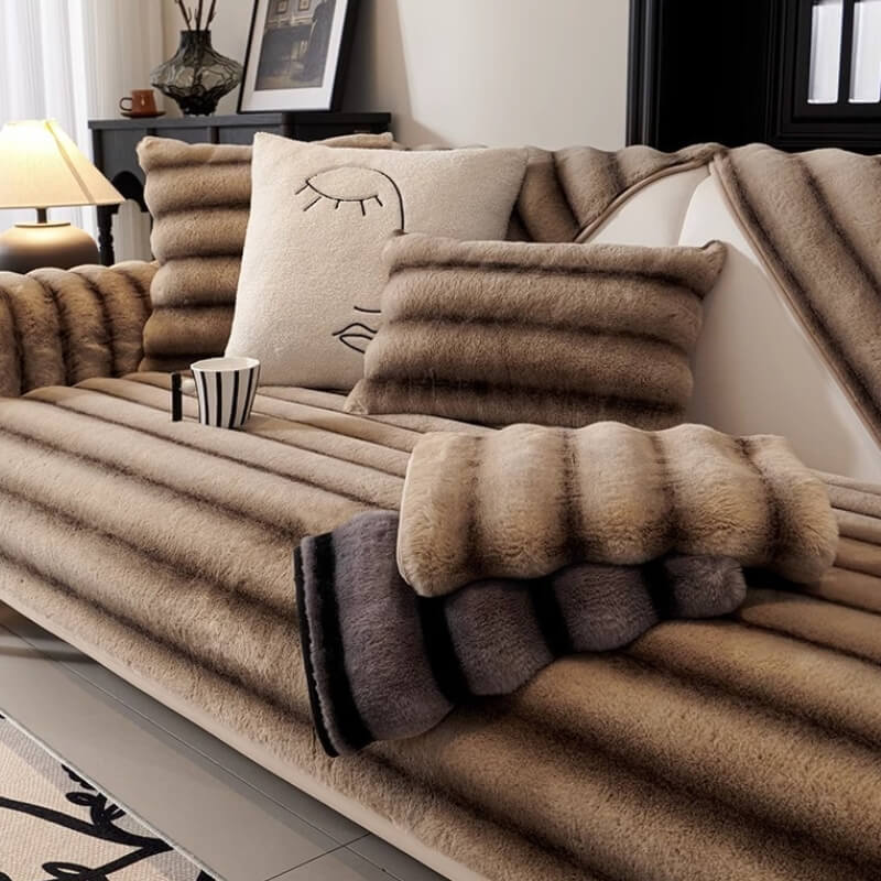 Striped Faux Rabbit Fur Sofa Cover – Durable & Stain-Resistant Protector