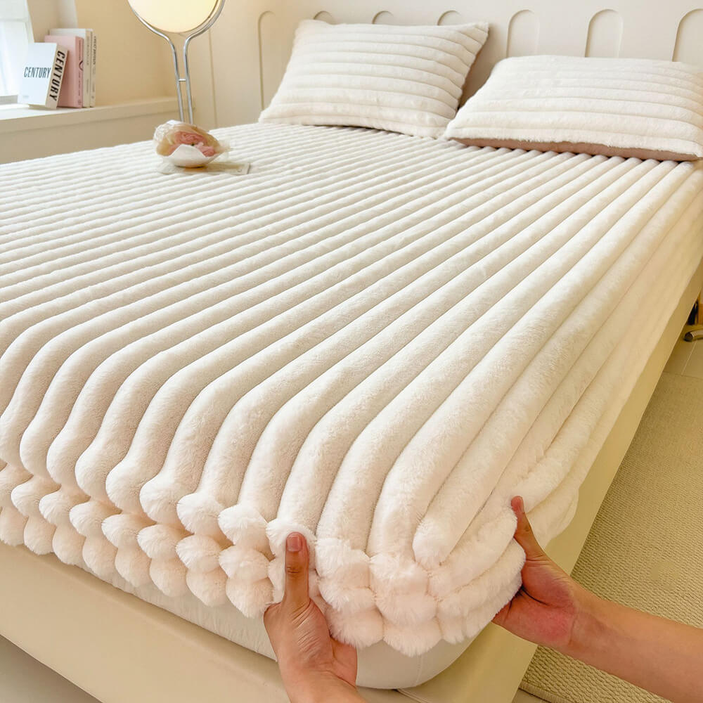 Vertical Stripe Thickened Faux Rabbit Fur Mattress Protector Fitted Sh
