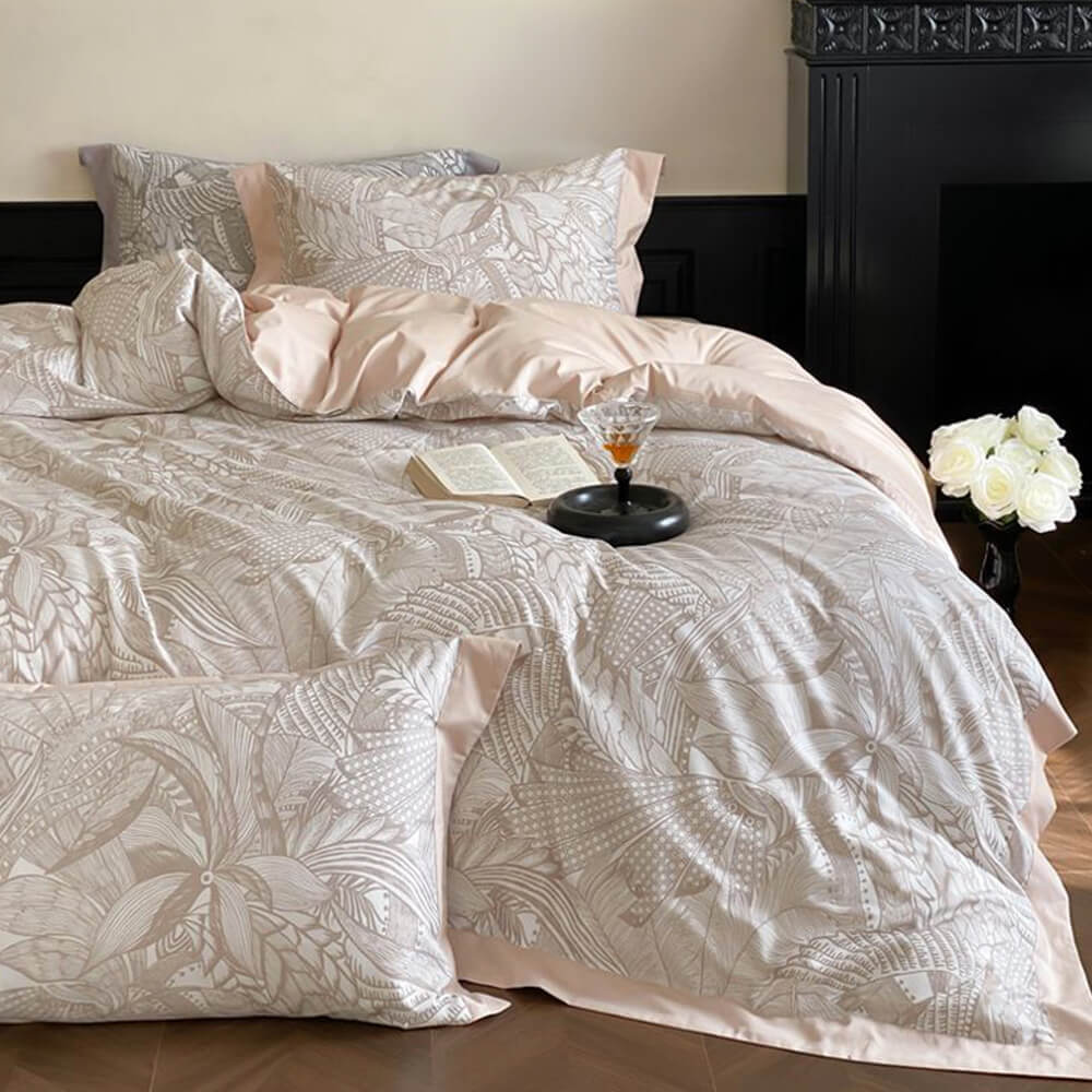 Abstract Botanical Silky Sateen Duvet Cover Bed Sheet Set