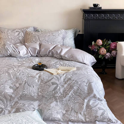 Abstract Botanical Silky Sateen Duvet Cover Bed Sheet Set