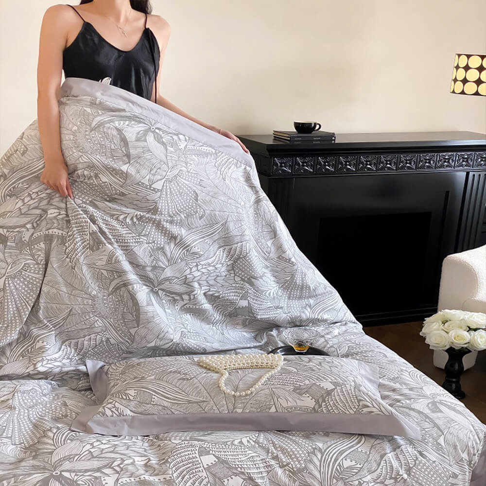 Abstract Botanical Silky Sateen Duvet Cover Bed Sheet Set