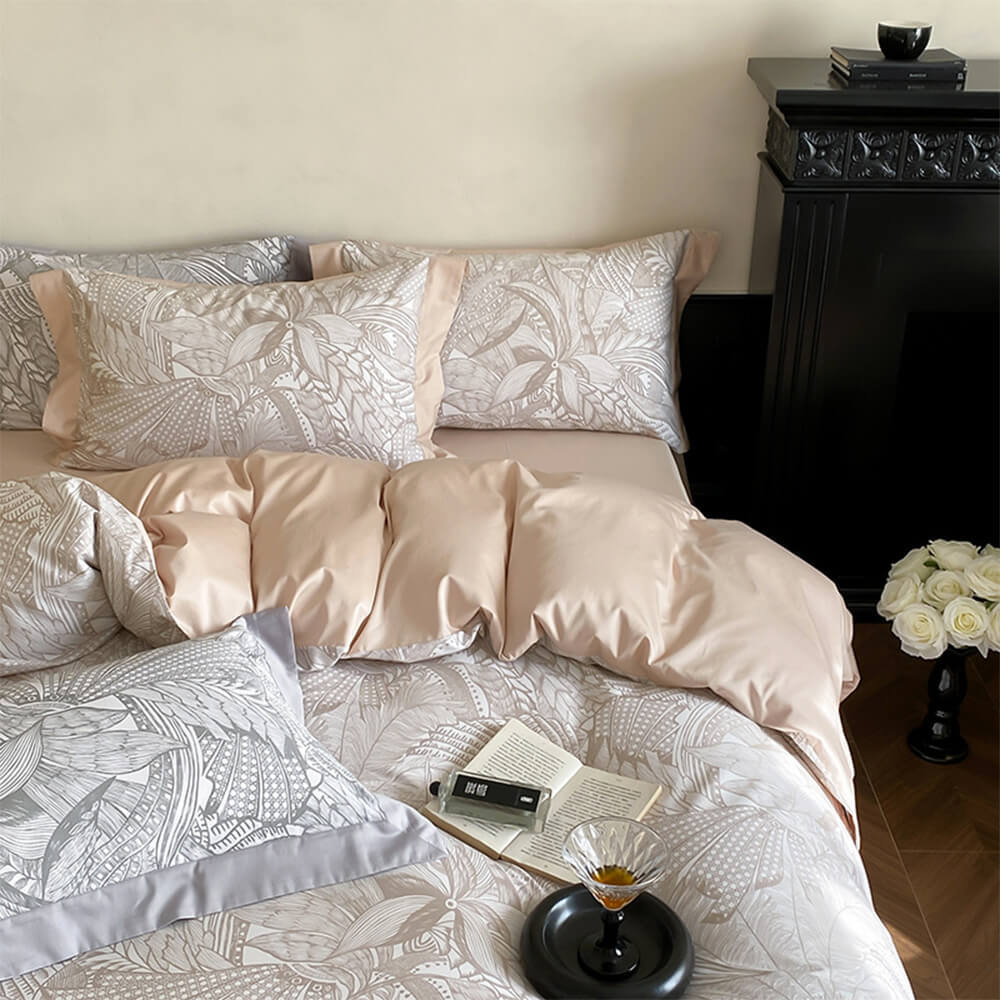 Abstract Botanical Silky Sateen Duvet Cover Bed Sheet Set