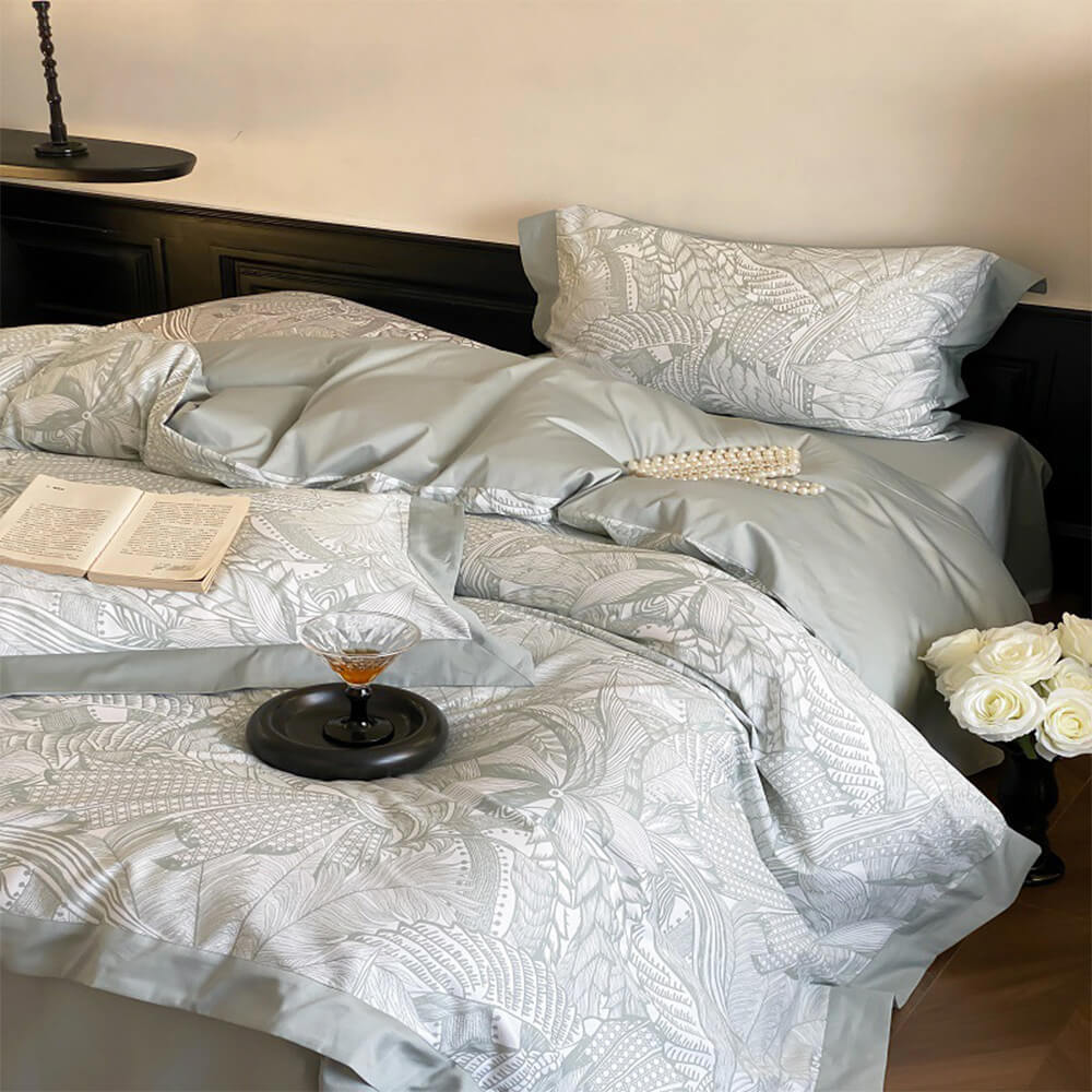 Abstract Botanical Silky Sateen Duvet Cover Bed Sheet Set